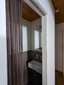 ein Bad mit einem Waschbecken und einem Spiegel in der Unterkunft Domaine de la Crausaz in Grandvaux