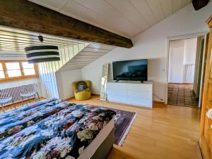 ein Schlafzimmer mit einem Bett und einem TV an der Wand in der Unterkunft Domaine de la Crausaz in Grandvaux