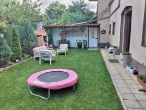 un patio trasero con una cama elástica rosa sobre la hierba en Gavri's Relaxing Place, en Brasov