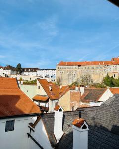 a view of a city with roofs and buildings at Apartment 23 in Český Krumlov