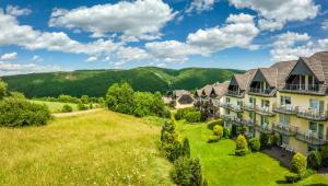 uma vista para um resort com montanhas ao fundo em Gemünder Ferienpark Salzberg em Schleiden