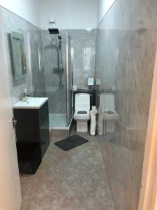 a bathroom with a shower and a toilet and a sink at Beautiful Apartment near Edinburgh in Dunfermline