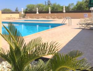 una piscina con una palmera en el primer plano en Nissi Golden Sands Sunny Apartment A1D4, en Ayia Napa