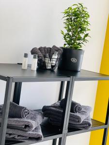 uma mesa com toalhas e uma planta com vasos em Shadow Sleep em Schonungen