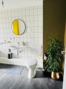 a bathroom with a toilet and a sink and a mirror at Shadow Sleep in Schonungen