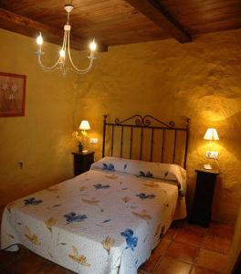 a bedroom with a bed with blue flowers on it at Hotel Enrique Calvillo in El Bosque