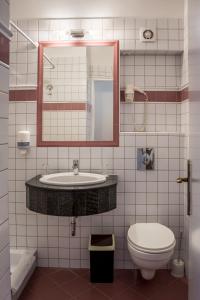 a bathroom with a sink and a toilet and a mirror at Hotel Irottkö in Kőszeg