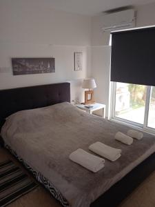 a bedroom with a large bed with two pillows on it at Nicosia rest and relax 1 bedroom apartment in Nicosia