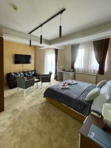 ニシュにあるFreya SPA Apartmentsのベッドルーム1室(ベッド1台付)、リビングルームが備わります。