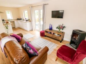 a living room with a couch and a wood stove at Caldey Lodge Bier Wood Lodges in Tenby