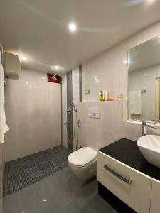 W łazience znajduje się toaleta, umywalka i lustro. w obiekcie LEISHA Duplex w mieście Imphal