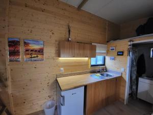 cocina con paredes de madera, encimera y fregadero en TinyHouse Rossas, en Santa Comba de Rossas