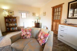 a living room with a blue couch with two pillows at Wild Olive Cottage in Graaff-Reinet