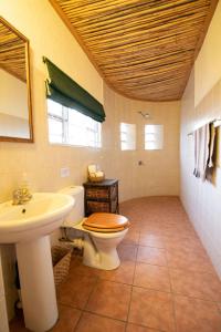 La salle de bains est pourvue de toilettes et d'un lavabo. dans l'établissement Ironstone Cottage, à Graaff-Reinet