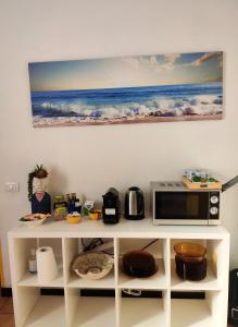 a counter with a microwave and a painting on the wall at Il Balconcino sul carugio in Monterosso al Mare