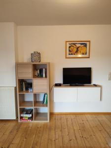 a living room with a tv and a book shelf at Ferienwohnung Fuchs & Hase in Kronenburg