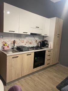a kitchen with white cabinets and a stove top oven at Studio Apartman Jovičić in Bjelovar