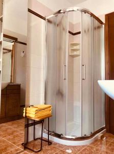 eine Dusche im Bad mit Waschbecken in der Unterkunft Appartamento Il nido in Carisolo