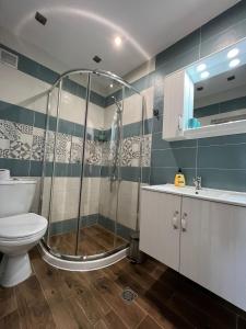 a bathroom with a shower and a toilet and a sink at Al Malina City Family Apt with Parking Space in Sofia