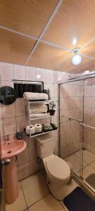 ein Bad mit einem WC, einem Waschbecken und einer Dusche in der Unterkunft Hospedaje Finca Agroturistica Doña Rufa in Río Sereno