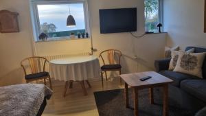 a living room with a couch and a table at Kastanievejens overnatning in Svendborg