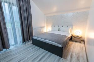 een slaapkamer met een bed en een groot raam bij CASA VIKI in Bănicel +34 foto's