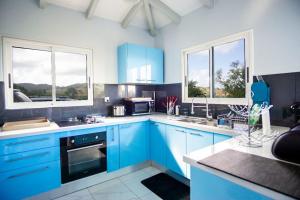 una cucina blu con armadi blu e due finestre di Magnifique villa piscine, vue mer, 8 km plages a Le François