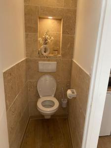 een kleine badkamer met een toilet en een spiegel bij Superbe suite avec jacuzzi patio et sauna in La Ciotat