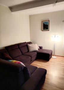 sala de estar con sofá marrón y lámpara en Koronkowa Chatka w Beskidach, en Istebna