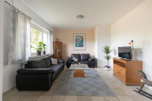 a living room with a couch and a tv at Herzlich Willkommen auf unserem Hof! in Ladbergen