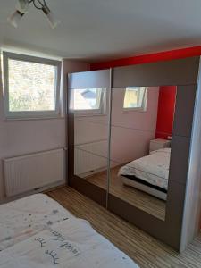 ein Schlafzimmer mit einem Spiegel und einem Bett darin in der Unterkunft Apartma Jaka in Ljubljana