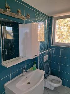 ein blaues Bad mit einem Waschbecken und einem WC in der Unterkunft Apartma Jaka in Ljubljana