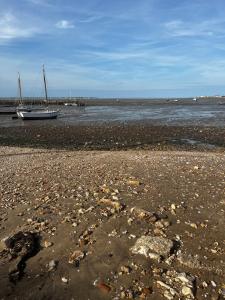 un bateau assis sur la rive d'une plage dans l'établissement L'étoile de mer, à Bourcefranc