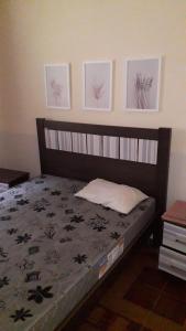 a bed in a bedroom with drawings on the wall at Sitio Aguá Santa in Itapeva