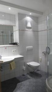 ein Badezimmer mit einem WC, einem Waschbecken und einem Spiegel in der Unterkunft Hotel - Café - Konditorei Schröckmayr-Kastner in Neufelden