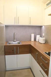 een keuken met witte kasten en een wastafel bij Studio apartma Terme Ptuj in Ptuj