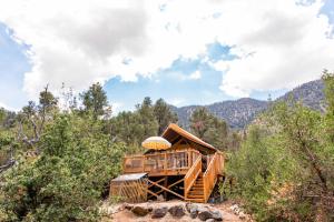 a tree house in the woods with a view at Huttopia Paradise Springs in Valyermo