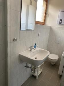 a bathroom with a sink and a toilet at GoldStar Apartments nähe Messe in Sarstedt