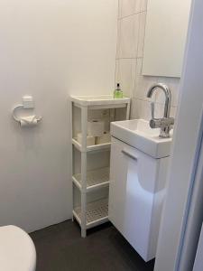 a white bathroom with a sink and a toilet at GoldStar Apartments nähe Messe in Sarstedt