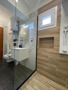 a bathroom with a shower and a sink and a toilet at Penthouse with great Lake view in Ioannina