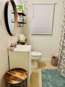 uma casa de banho com um lavatório, um WC e um espelho. em Newly Renovated Historic Home Near Park Circle em Charleston