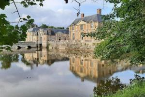 a large building with a reflection in a body of water at Agréable studio dans le centre historique in La Ferté-Saint-Aubin