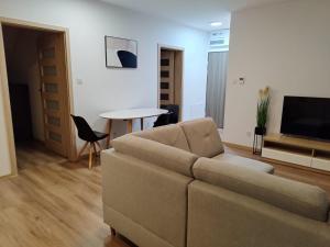 ein Wohnzimmer mit einem Sofa und einem Tisch in der Unterkunft Apartament Marzenie 4 - Opole in Oppeln