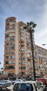 a large building with a palm tree in front of it at Estudio Torremolinos Centro by AVA Apartments Wifi y Smart TV in Torremolinos