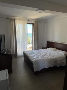 een slaapkamer met een bed, een televisie en een raam bij Hotel Tirona in Tushemisht