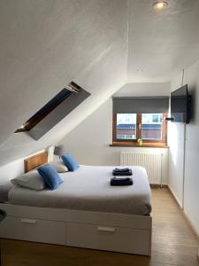 a bedroom with a large bed with blue pillows at Guest house Time to Escape in Meise