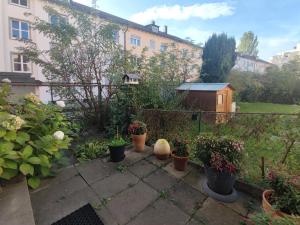 einen Garten mit Topfpflanzen und einem Zaun in der Unterkunft ALFA 2 Zimmer Apartment Mitarbeiter Monteure nahe Daimler Küche Netflix INET WM in Stuttgart