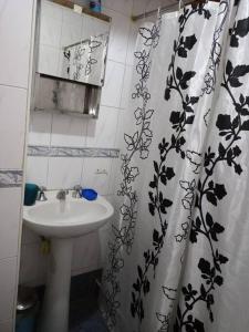 bagno con lavandino e tenda doccia di Hermosa casa de vacaciones en Mendoza a Guaymallén