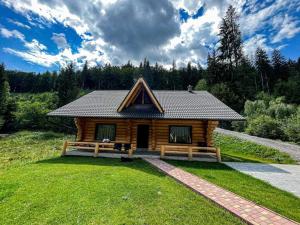 a log cabin with a porch in the grass at Wild tree house in Vărşag