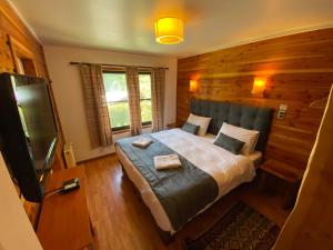 Schlafzimmer mit einem Bett und einem Flachbild-TV in der Unterkunft Hotel Andes Pucón in Pucón